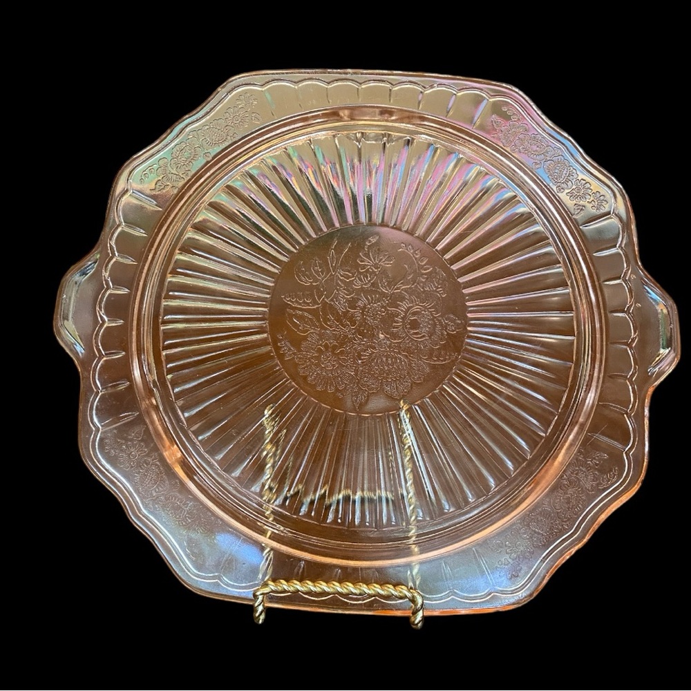 Anchor Hocking Pink Depression Glass Mayfair Open Rose Footed Cake Plate 11"